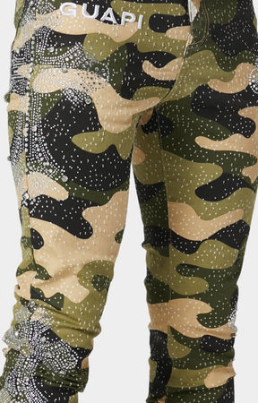 Luxury camo denim with rhinestone embellishments by Guapi