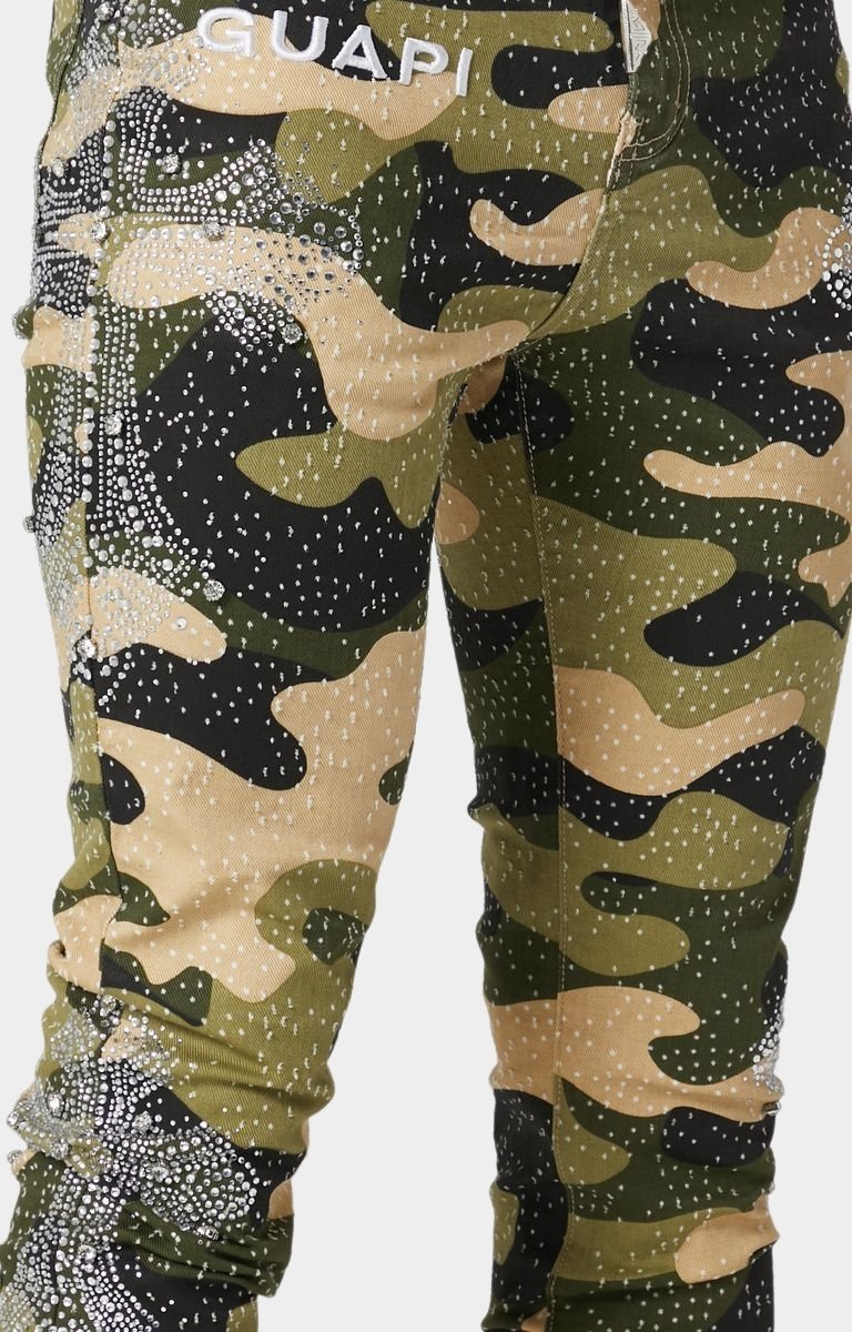 Luxury camo denim with rhinestone embellishments by Guapi