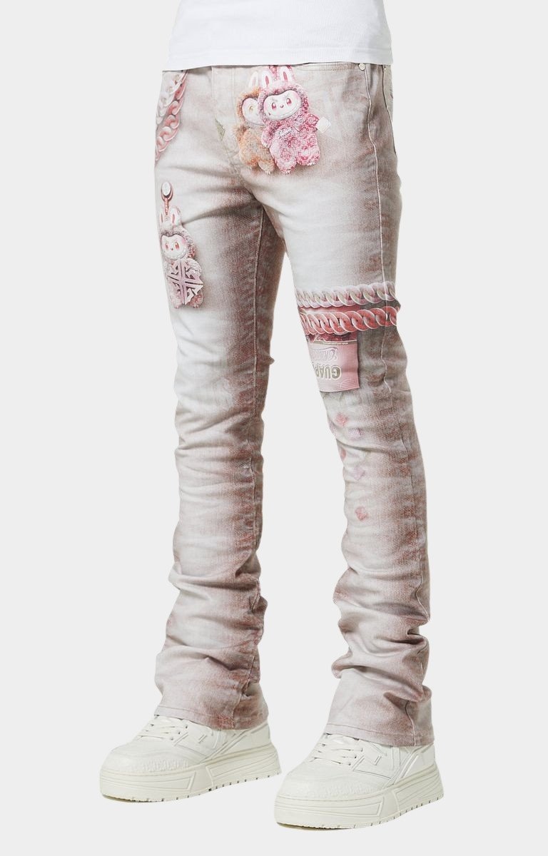 Side view of Guapi Candy Riot Denim stacked silhouette