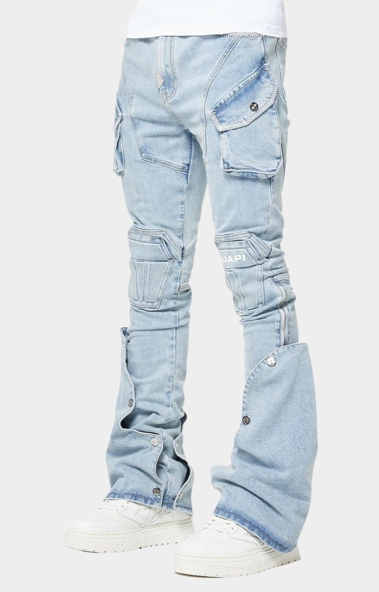 Cargo pocket with snap closure on GUAPI Aqua Blue denim.