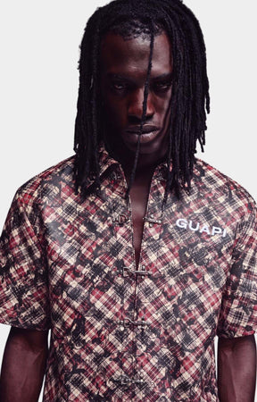 Guapi Charcoal Plaid Leather Shirt front view with Charcoal plaid pattern detail, Toggle closure detail & Embroidered GUAPI chest logo.