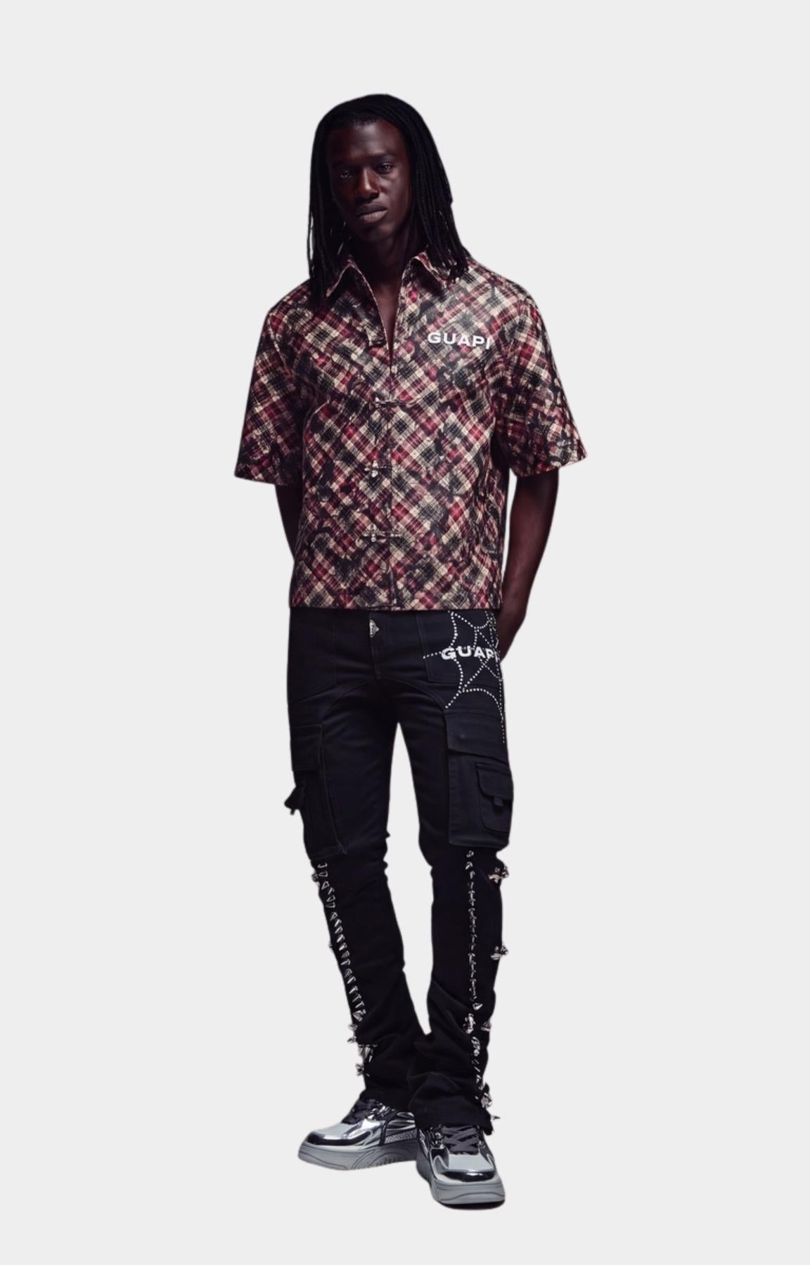 Full outfit featuring Guapi Charcoal Plaid Leather Shirt styled with Guapi Leather pants and Guapi Charcoal Leather Plaid Cargo Shorts. 