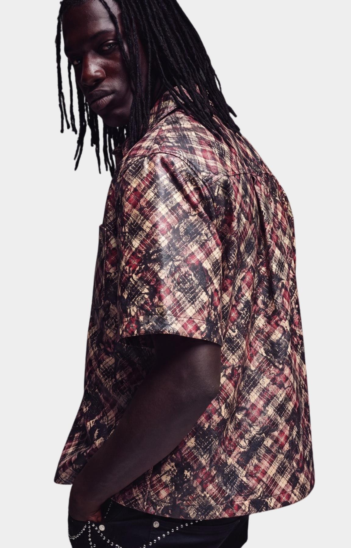 Side profile of Guapi Charcoal Plaid Leather Shirt, plaid pattern detail on Guapi Half Sleeves Leather Shirt.