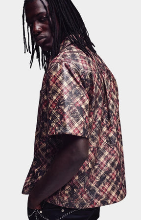 Side profile of Guapi Charcoal Plaid Leather Shirt, plaid pattern detail on Guapi Half Sleeves Leather Shirt.