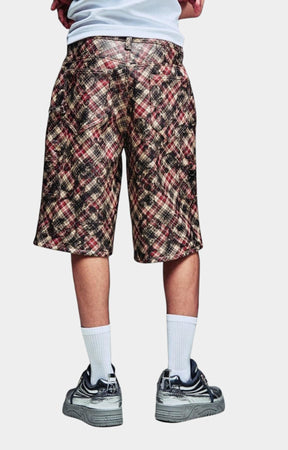 Back view of Guapi Charcoal Plaid Leather Cargo Shorts.