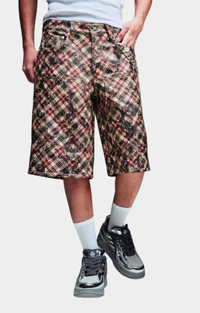 Guapi Charcoal Plaid Leather Cargo Shorts front view.
