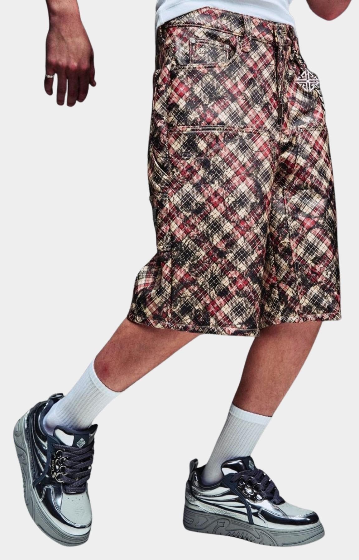 Charcoal plaid pattern detail on Guapi Leather Cargo Shorts.