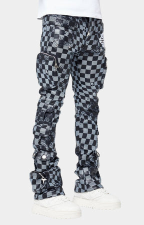 Side view of Guapi Obsidian Black checkerboard leather stacked pants
