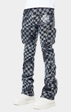 Coffin-arc knee structure detail on Guapi checkerboard leather pants