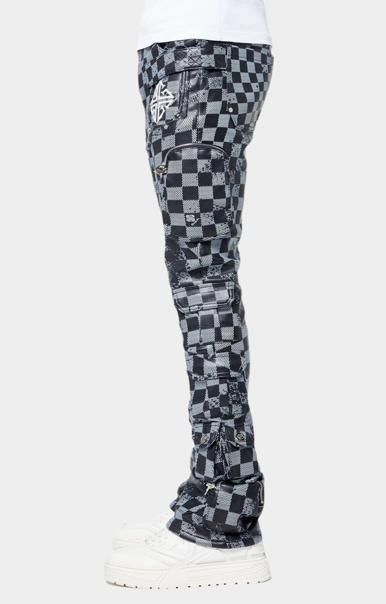 Side profile showing stacked silhouette of Guapi checkerboard pants
