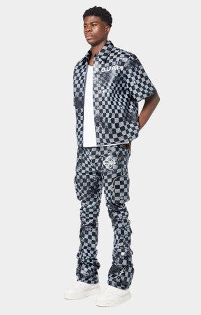 Streetwear outfit styled by model with Guapi checkerboard leather cargo pants