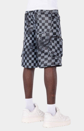 Relaxed fit Guapi Obsidian Black Checkerboard Leather Cargo Shorts.
