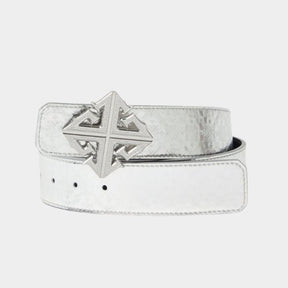 Chrome-finish leather belt strap with embossed detailing