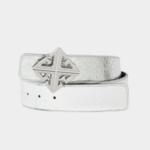 Chrome-finish leather belt strap with embossed detailing