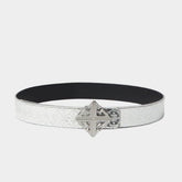 Guapi Chrome Leather Belt front view with crystal cross buckle