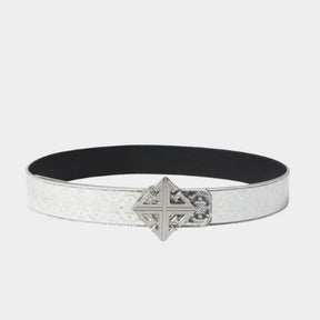Guapi Chrome Leather Belt front view with crystal cross buckle