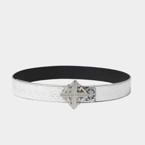 Guapi Chrome Leather Belt front view with crystal cross buckle