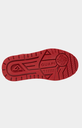 Bottom profile of luxury red and white GUAPI sneakers