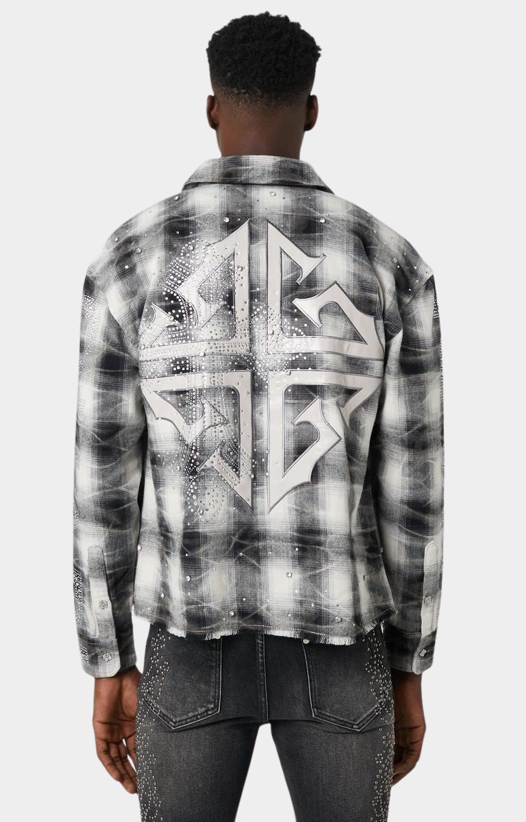 Guapi Cloud Grey Cross Flannel back view with white cross appliqué