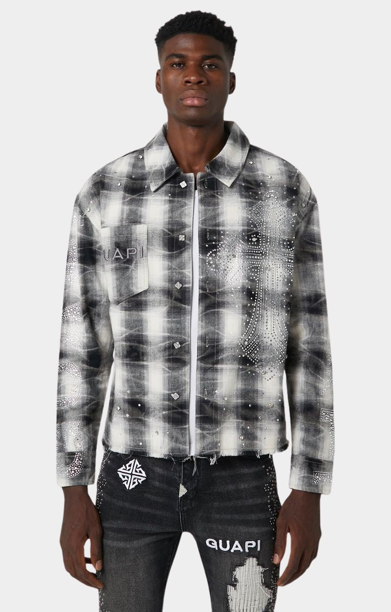Guapi Cloud Grey Cross Flannel front view with crystal cross detailing