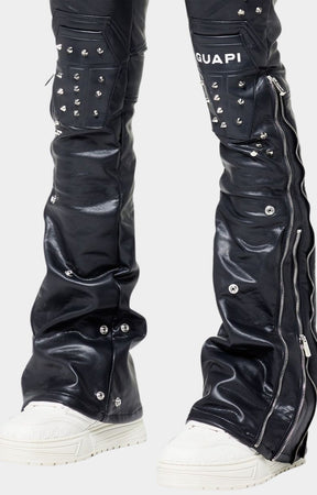 Armored knee panel with chrome studs on Guapi biker leather pants.