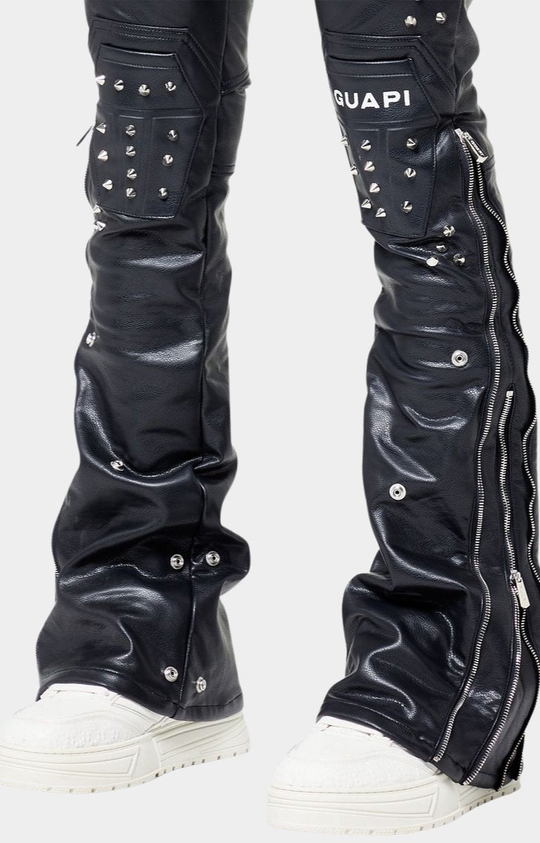Armored knee panel with chrome studs on Guapi biker leather pants.