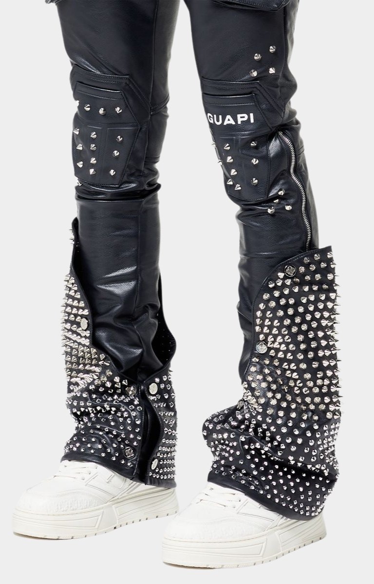 Stacked leg construction of Guapi Black Coffin Arc leather pants.