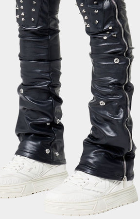 Two-way zipper detailing along leg seams on Guapi leather pants.