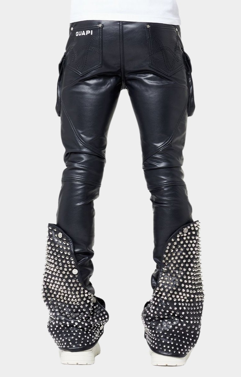 Back view of Guapi Coffin Arc leather pants with arc stitch pockets.
