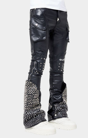 Side profile of Guapi studded leather flare pants.