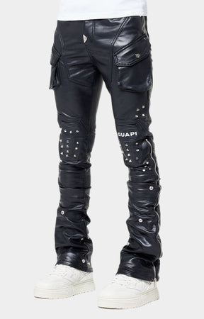 Coffin arc sculpted thigh paneling on Guapi leather pants.