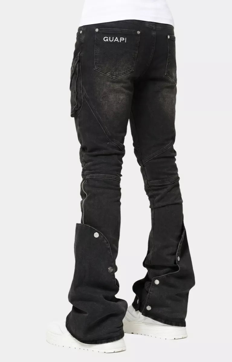 Back view of GUAPI stacked cowhide cargo denim jeans.