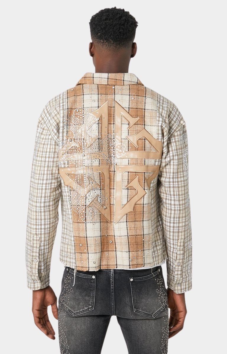 Back view of Guapi Cream Cross flannel with leather cross appliqué