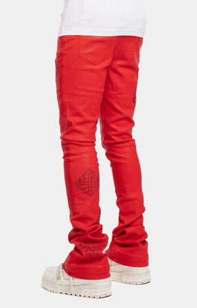 Back view of Guapi crimson red icon stacked denim with embellishments