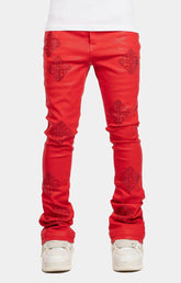 Guapi crimson red icon embellished stacked denim jeans front view