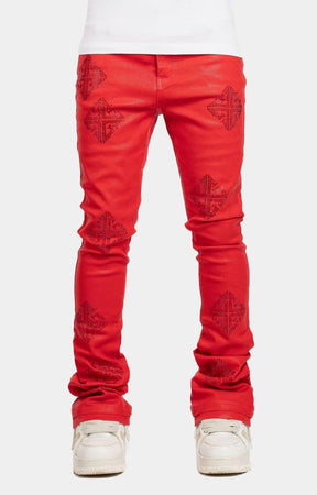 Guapi crimson red icon embellished stacked denim jeans front view