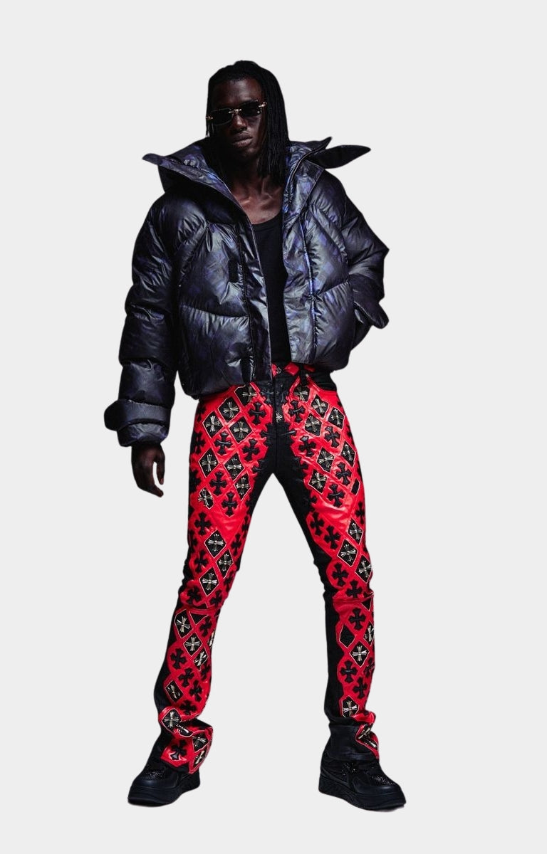 Guapi Crimson Relic Waxed Denim styled with luxury streetwear.