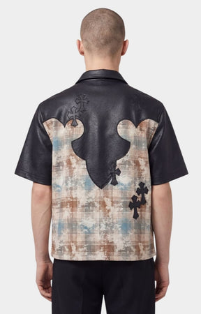 Luxury plaid shirt with cross patch appliqué details and leather panels.