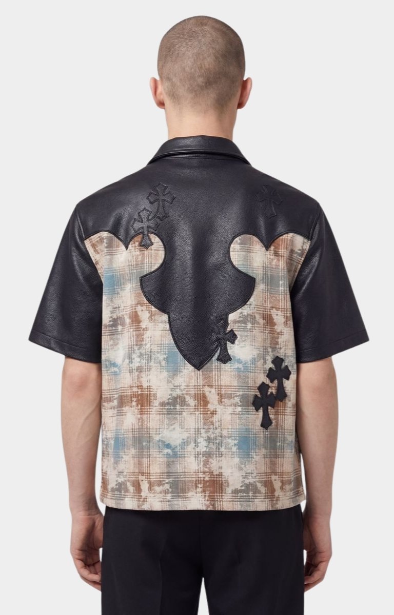 Luxury plaid shirt with cross patch appliqué details and leather panels.