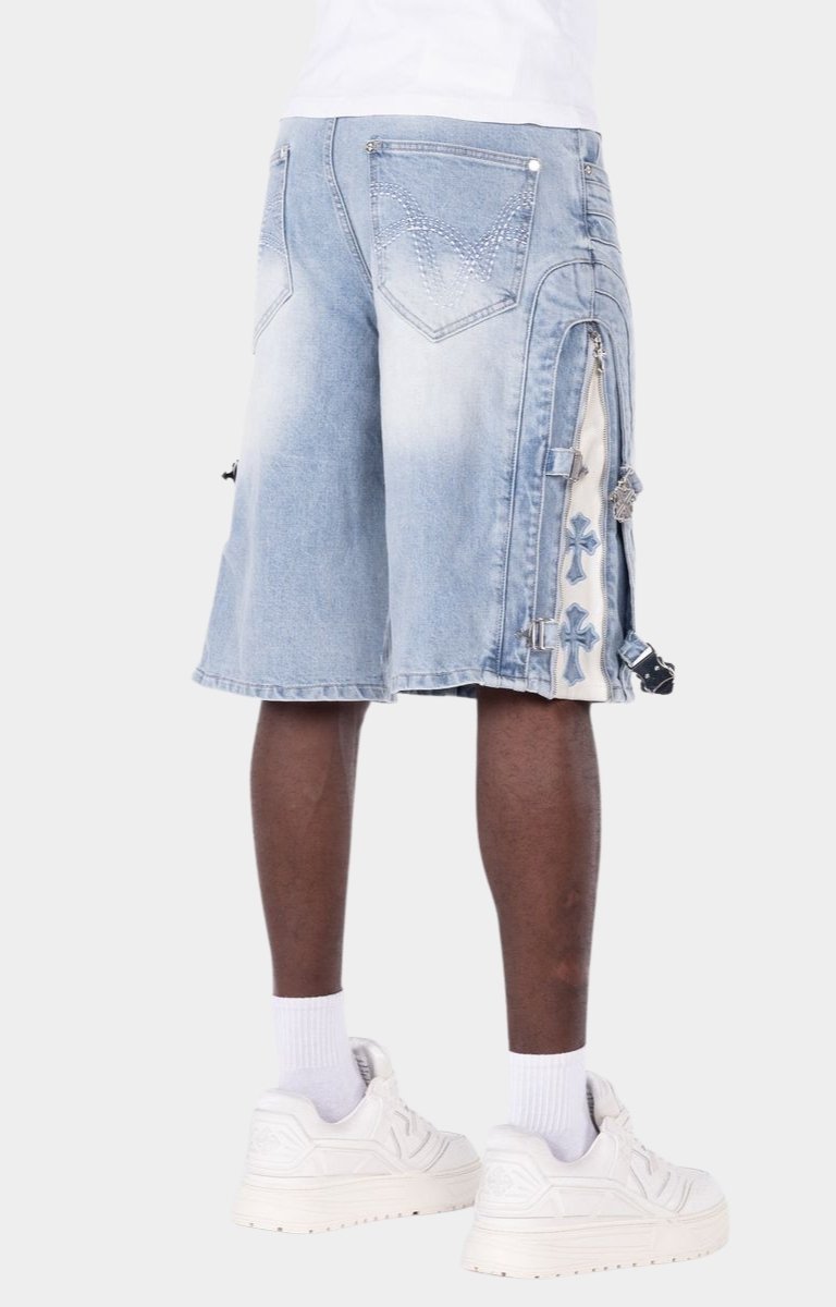 Guapi Aqua Blue Cross Buckle Denim Shorts