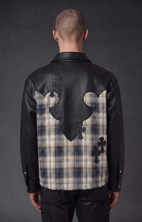 Guapi Plaid Cross Patch Flannel Shirt. black leather full sleeve shirt/jacket with a beige, black, and blue plaid back panel decorated with black leather cutouts and crosses.