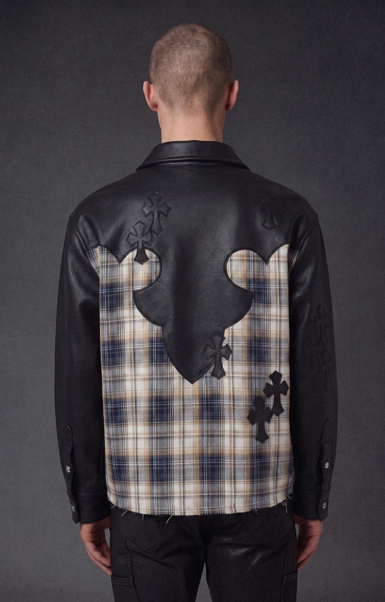 Guapi Plaid Cross Patch Flannel Shirt. black leather full sleeve shirt/jacket with a beige, black, and blue plaid back panel decorated with black leather cutouts and crosses.