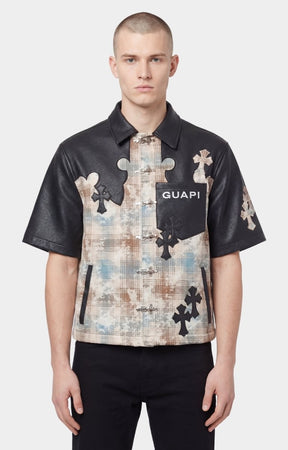 Guapi Cross Patch shirt featuring plaid body construction and leather sleeves.