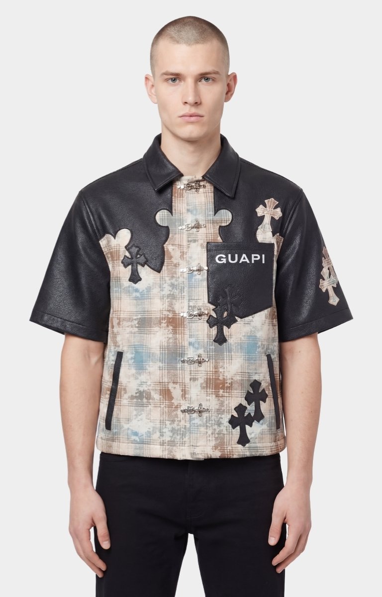 Guapi Cross Patch shirt featuring plaid body construction and leather sleeves.