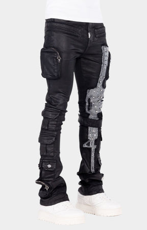 Guapi Obsidian Black Machine Gun Rhinestone Cargo Denim Jeans