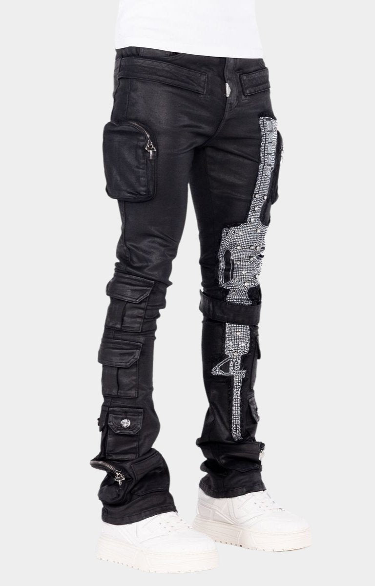 Guapi Obsidian Black Machine Gun Rhinestone Cargo Denim Jeans