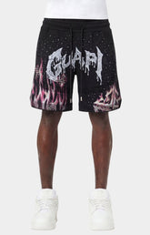 Guapi Cyborg shorts black featuring rhinestone graphic artwork and flame details.