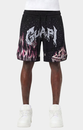 Guapi Cyborg shorts black featuring rhinestone graphic artwork and flame details.