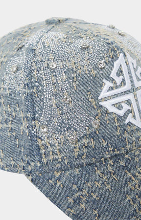 Crystal and micro-stud embellishment detail on GUAPI denim cap.