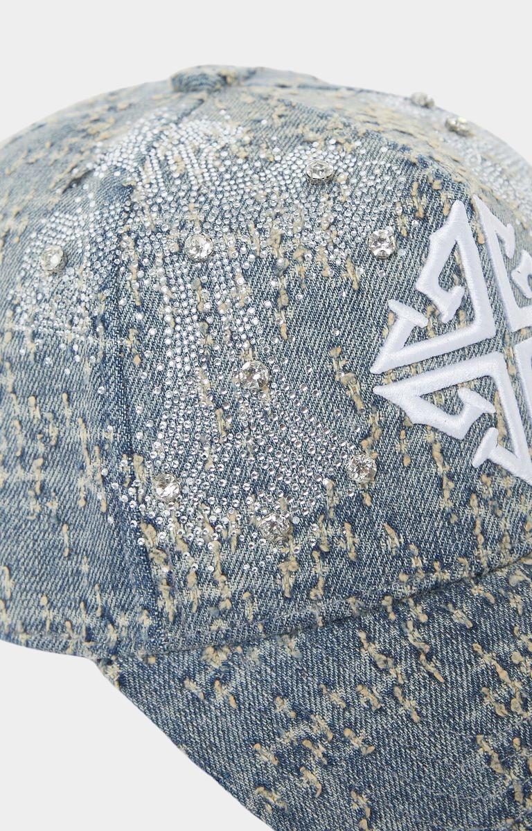 Crystal and micro-stud embellishment detail on GUAPI denim cap.